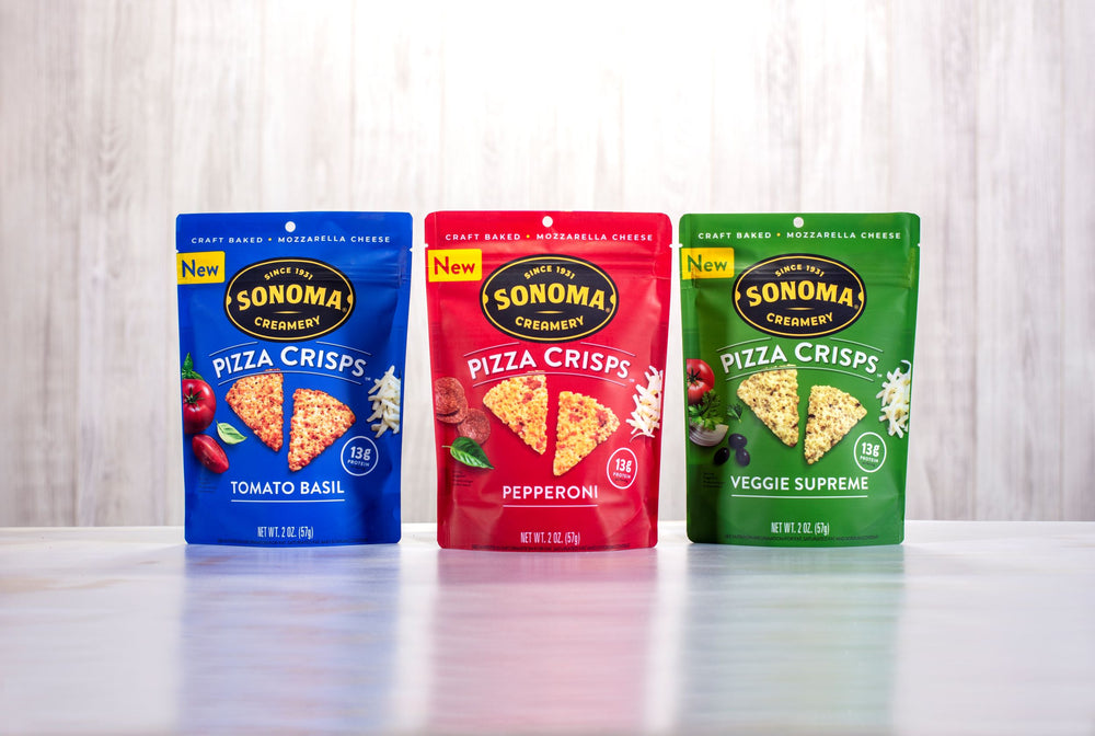 all three flavors of pizza crisps in a line