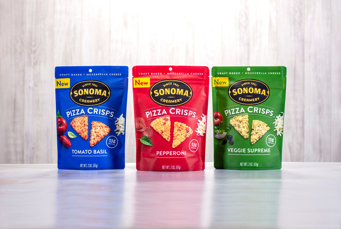 all three flavors of pizza crisps in a line
